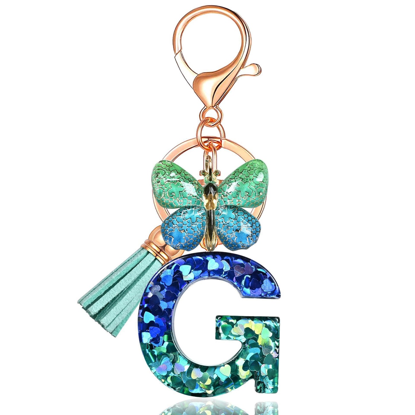 Blue-Green Resin Initial Keychain – Butterfly & Tassel Charm Gift