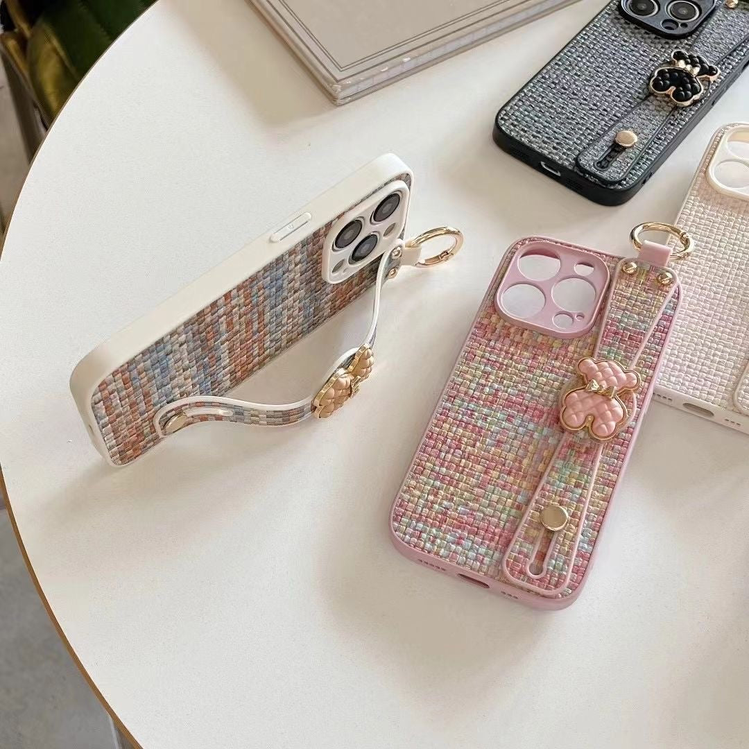 Woven Plaid Wrist Strap Holder Phone Case
