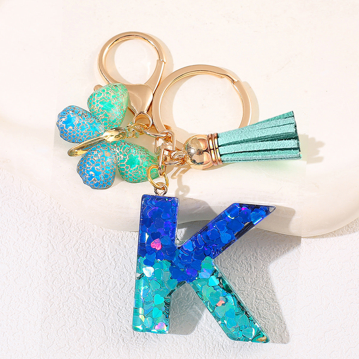 Glitter Resin Letter Keychain – Blue & Green Butterfly Charm