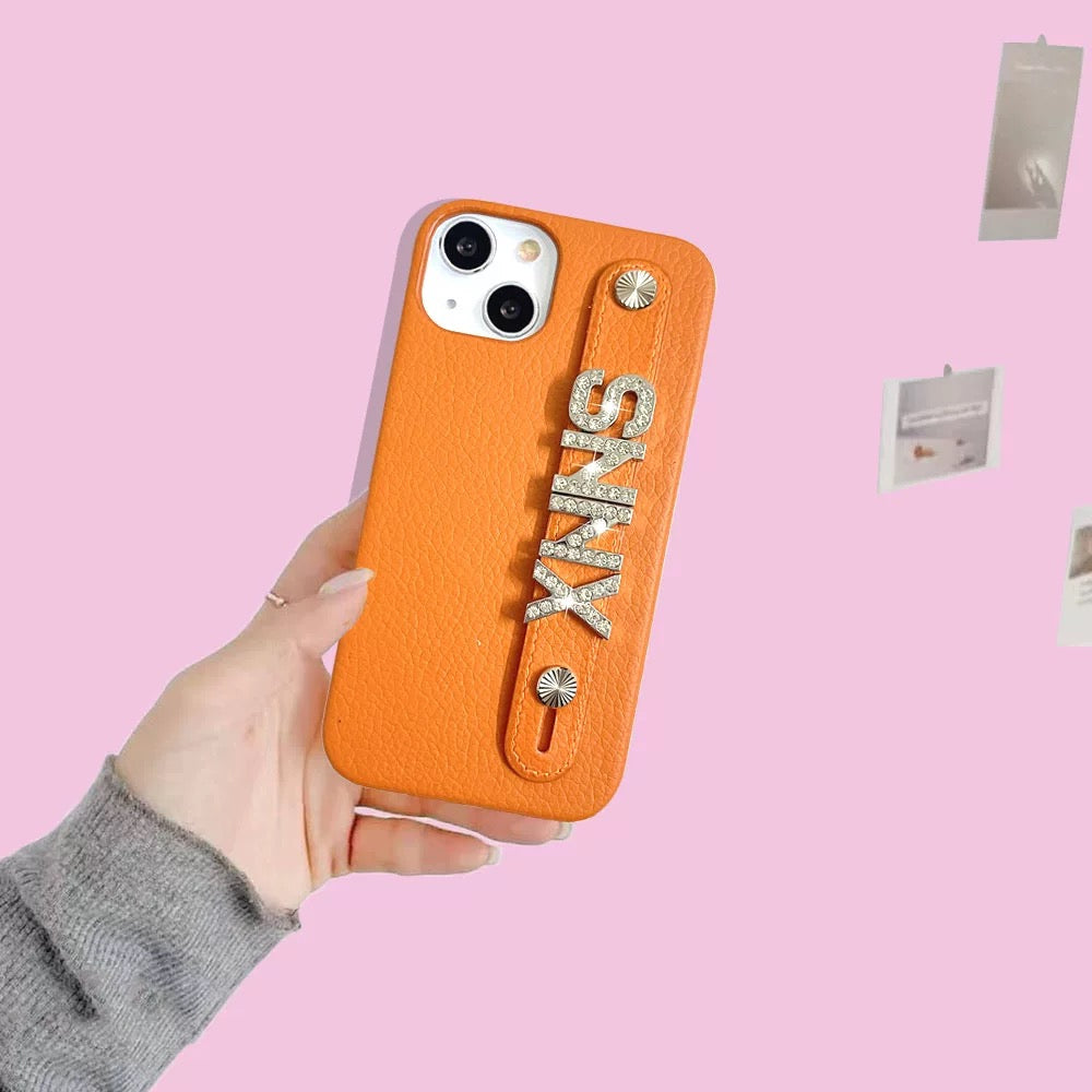 Custom Name Leather Phone Case – Rhinestone Letter Strap Design
