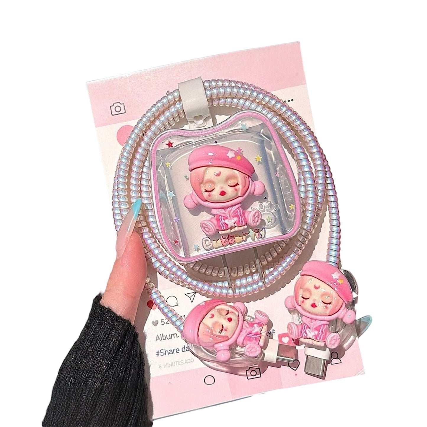 Cute 3D Doll Charging Cable Set with Protector – Kawaii Cable Cover