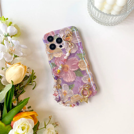 Purple Floral iPhone Case with Beaded Strap – 3D Design & Aesthetic Gift