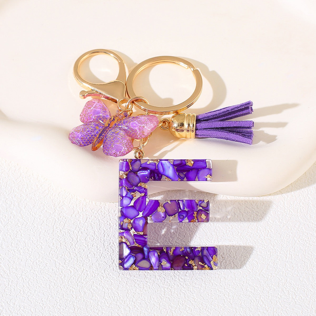 Glitter Letter Keychain – Purple Resin with Butterfly & Tassel