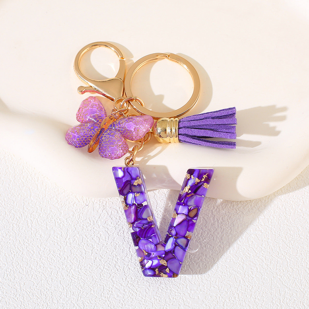 Glitter Letter Keychain – Purple Resin with Butterfly & Tassel