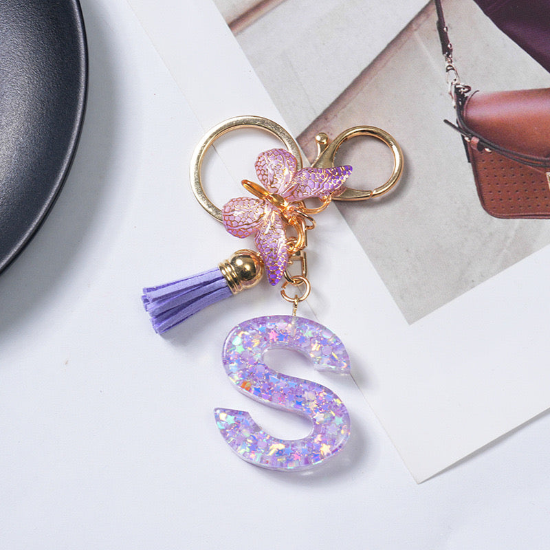 Purple Glitter Resin Initial Keychain – Butterfly & Tassel Charm Gift