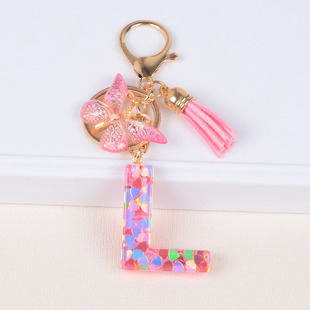 Pink Heart Glitter Resin Initial Keychain – Butterfly & Tassel Gift