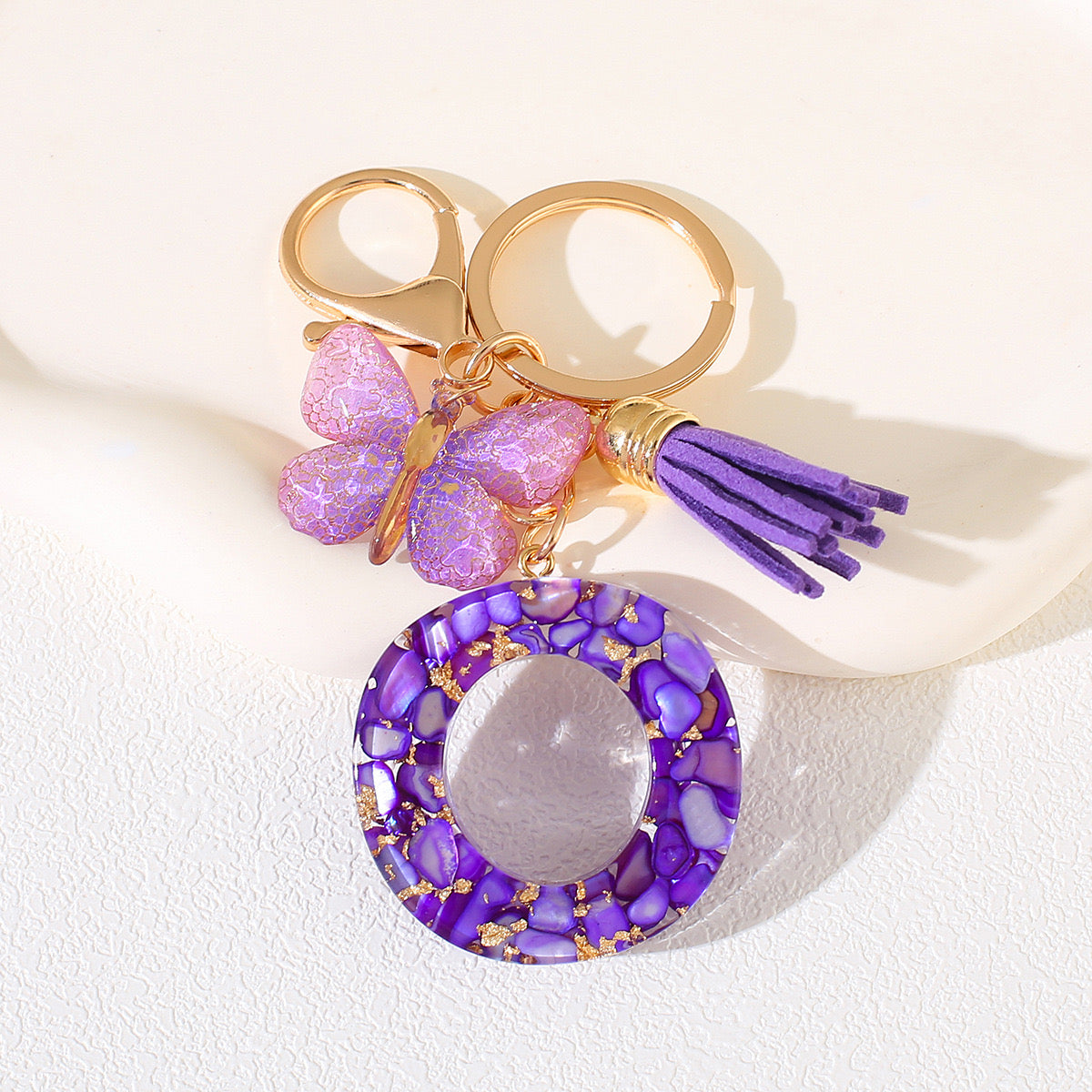 Glitter Letter Keychain – Purple Resin with Butterfly & Tassel