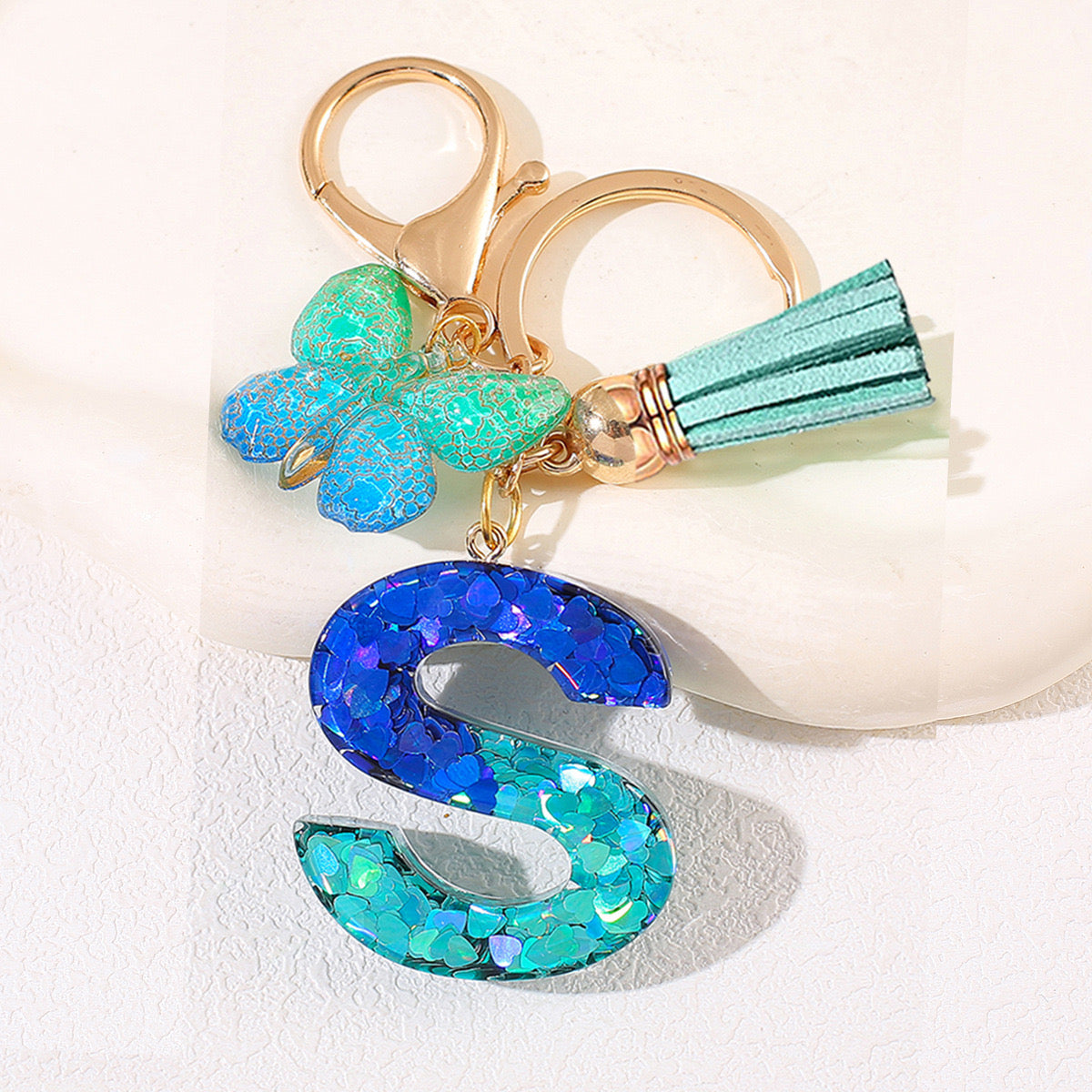 Glitter Resin Letter Keychain – Blue & Green Butterfly Charm