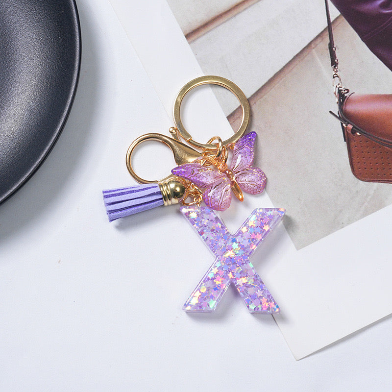 Purple Glitter Resin Initial Keychain – Butterfly & Tassel Charm Gift