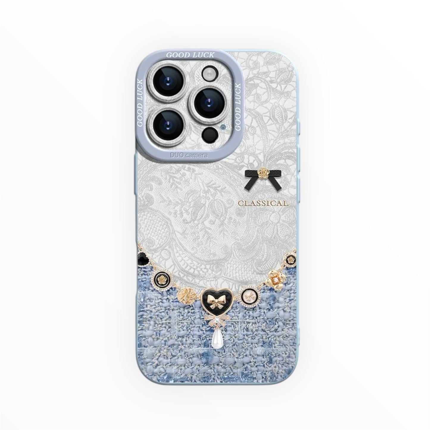 Elegant Lace Pearl Tweed Phone Case – Vintage French Style