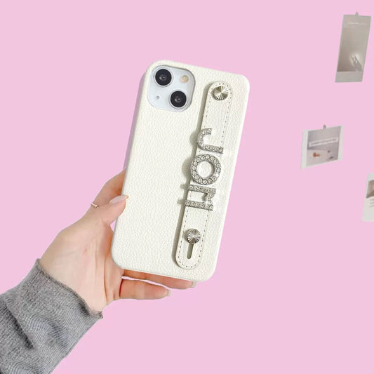 Custom Name Leather Phone Case – Rhinestone Letter Strap Design