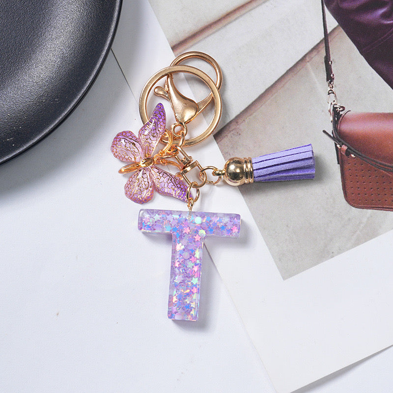 Purple Glitter Resin Initial Keychain – Butterfly & Tassel Charm Gift
