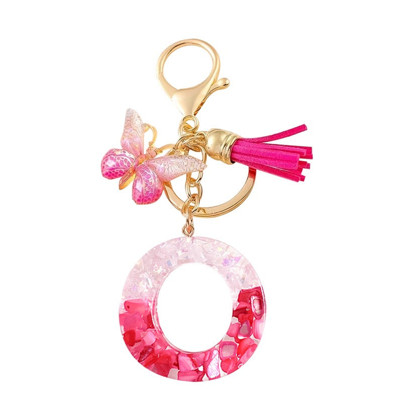 Hot Pink Glitter Resin Initial Keychain – Butterfly & Tassel Bag Charm