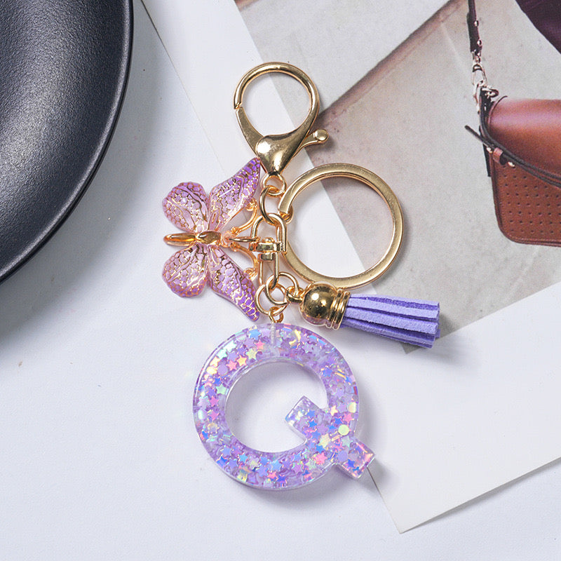 Purple Glitter Resin Initial Keychain – Butterfly & Tassel Charm Gift
