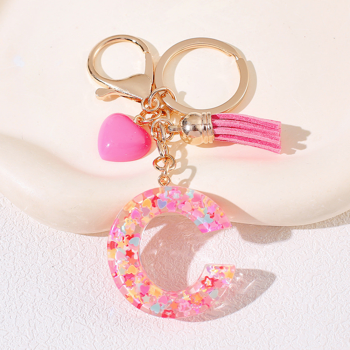 Pink Glitter Resin Initial Keychain – Heart & Tassel Charm