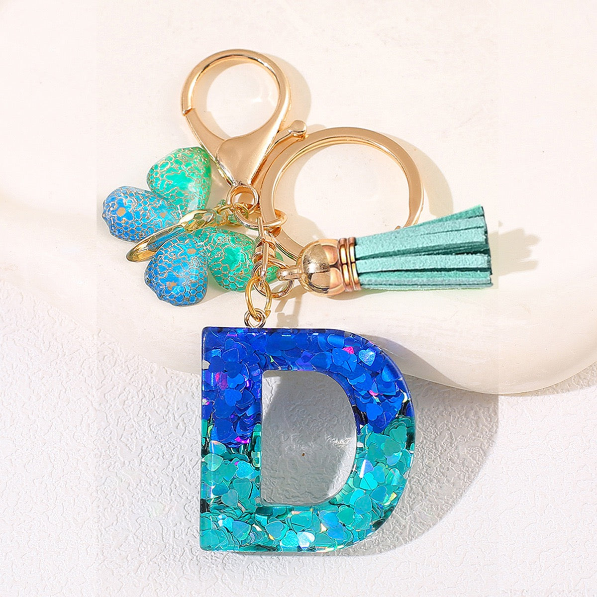 Glitter Resin Letter Keychain – Blue & Green Butterfly Charm