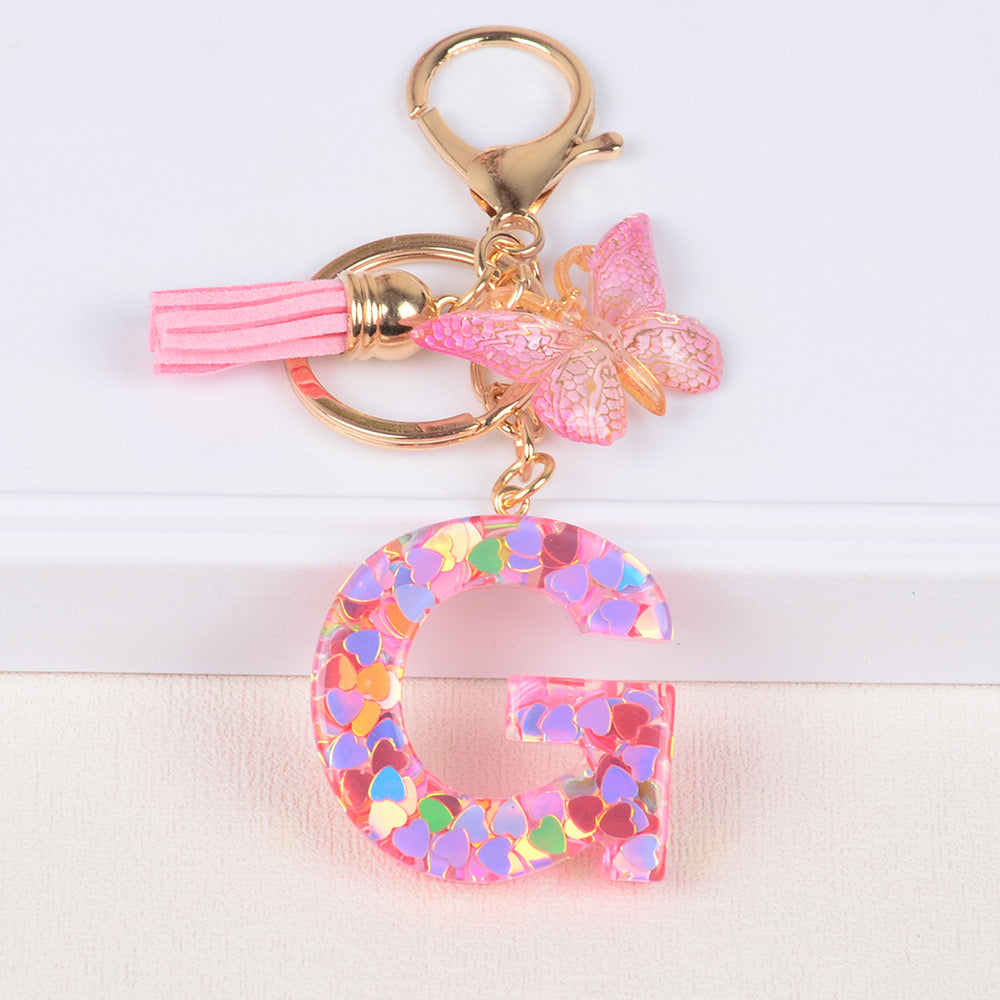 Pink Heart Glitter Resin Initial Keychain – Butterfly & Tassel Gift