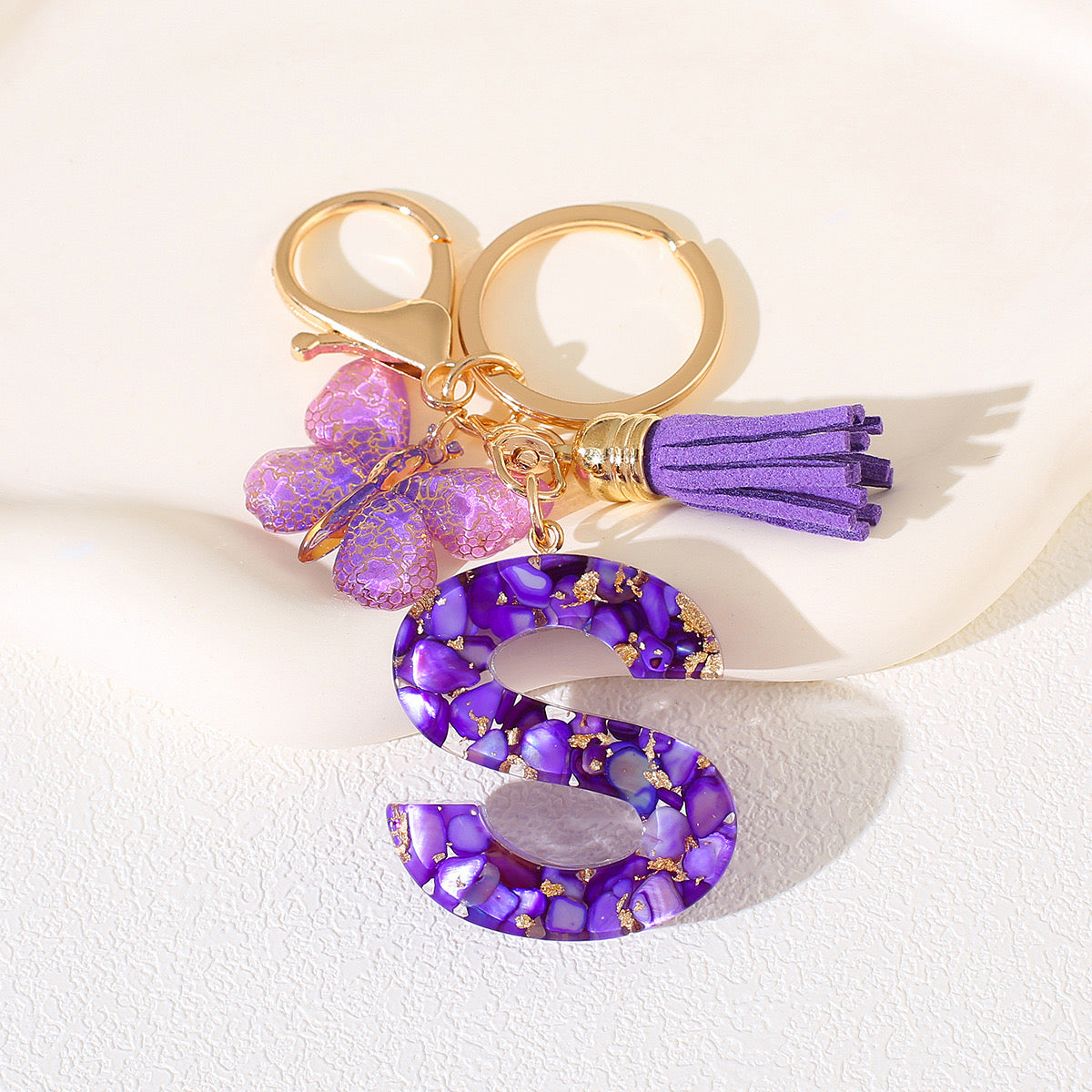 Glitter Letter Keychain – Purple Resin with Butterfly & Tassel