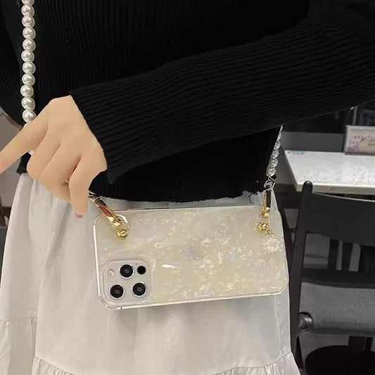 Glamorous Shell Phone Case with Pearl Crossbody Lanyard