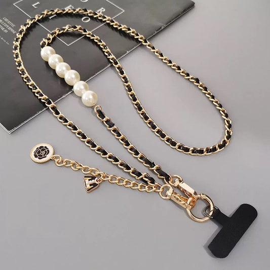 Luxury Metal Pearl Leather Crossbody Phone Lanyard V Boutique Studio