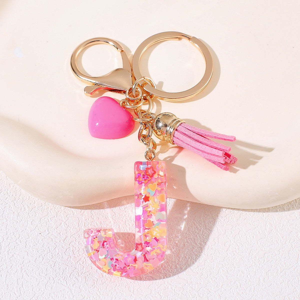 Pink Glitter Resin Initial Keychain – Heart & Tassel Charm