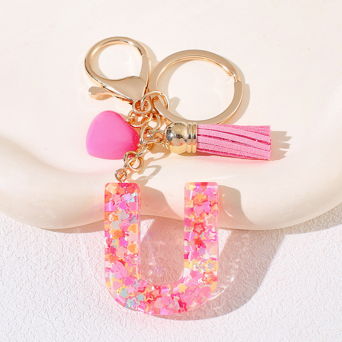 Pink Glitter Resin Initial Keychain – Heart & Tassel Charm