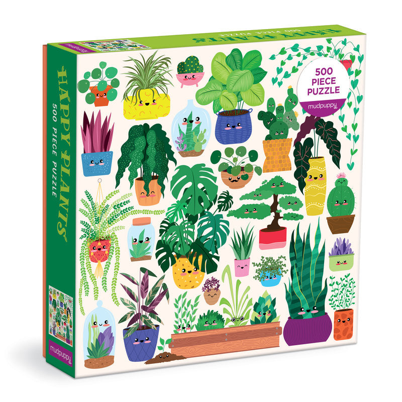Happy Plants 500-piece puzzle by Mudpuppy featuring illustrated houseplants with smiling faces in colorful pots.