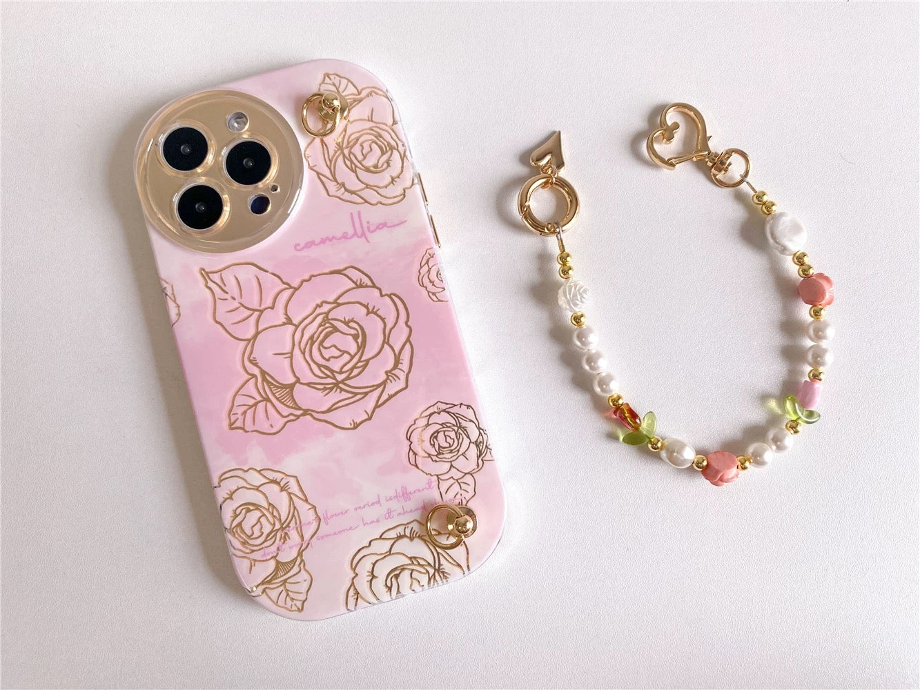 Pink Camellia iPhone Case with Beaded Strap – Elegant & Cute Gift Idea