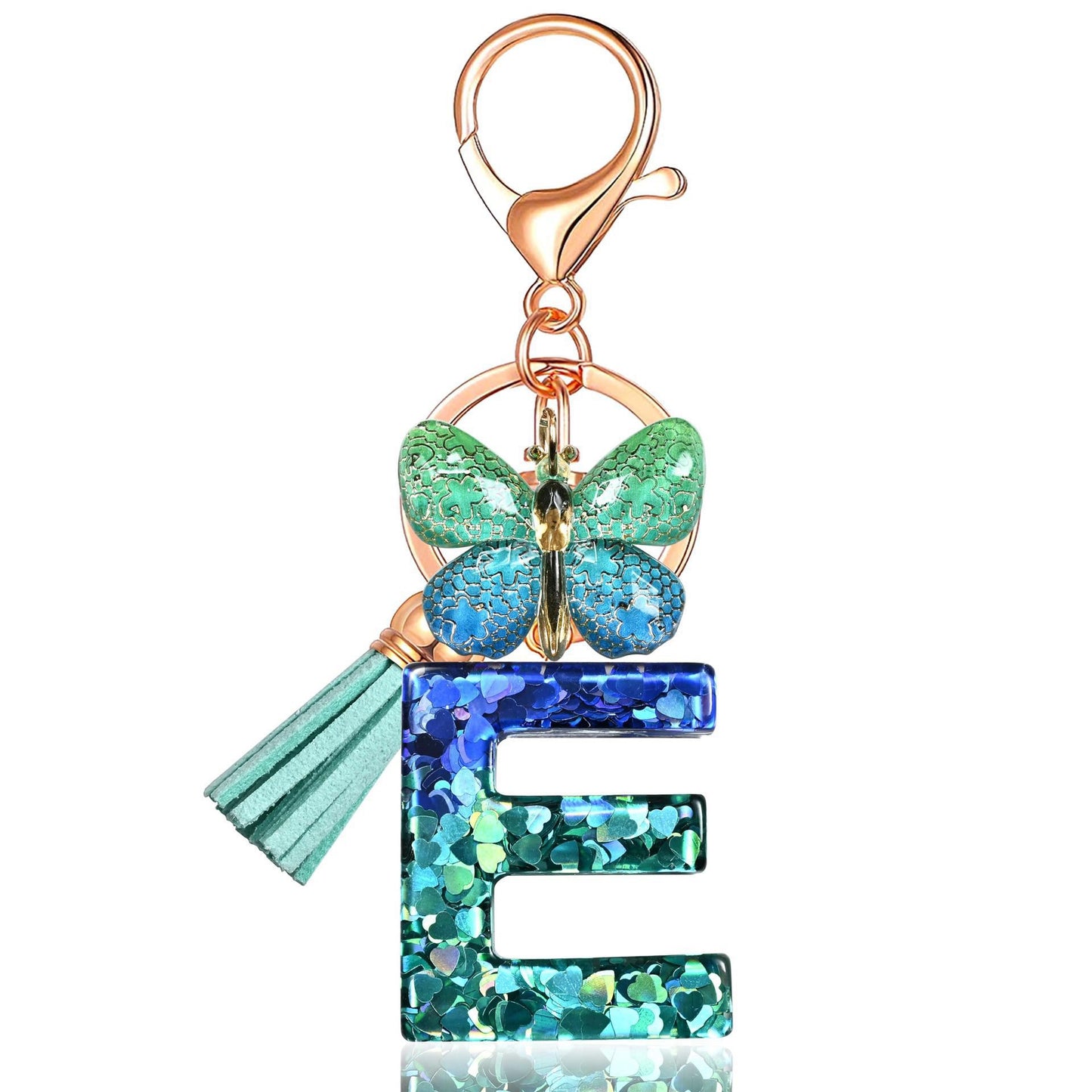 Blue-Green Resin Initial Keychain – Butterfly & Tassel Charm Gift