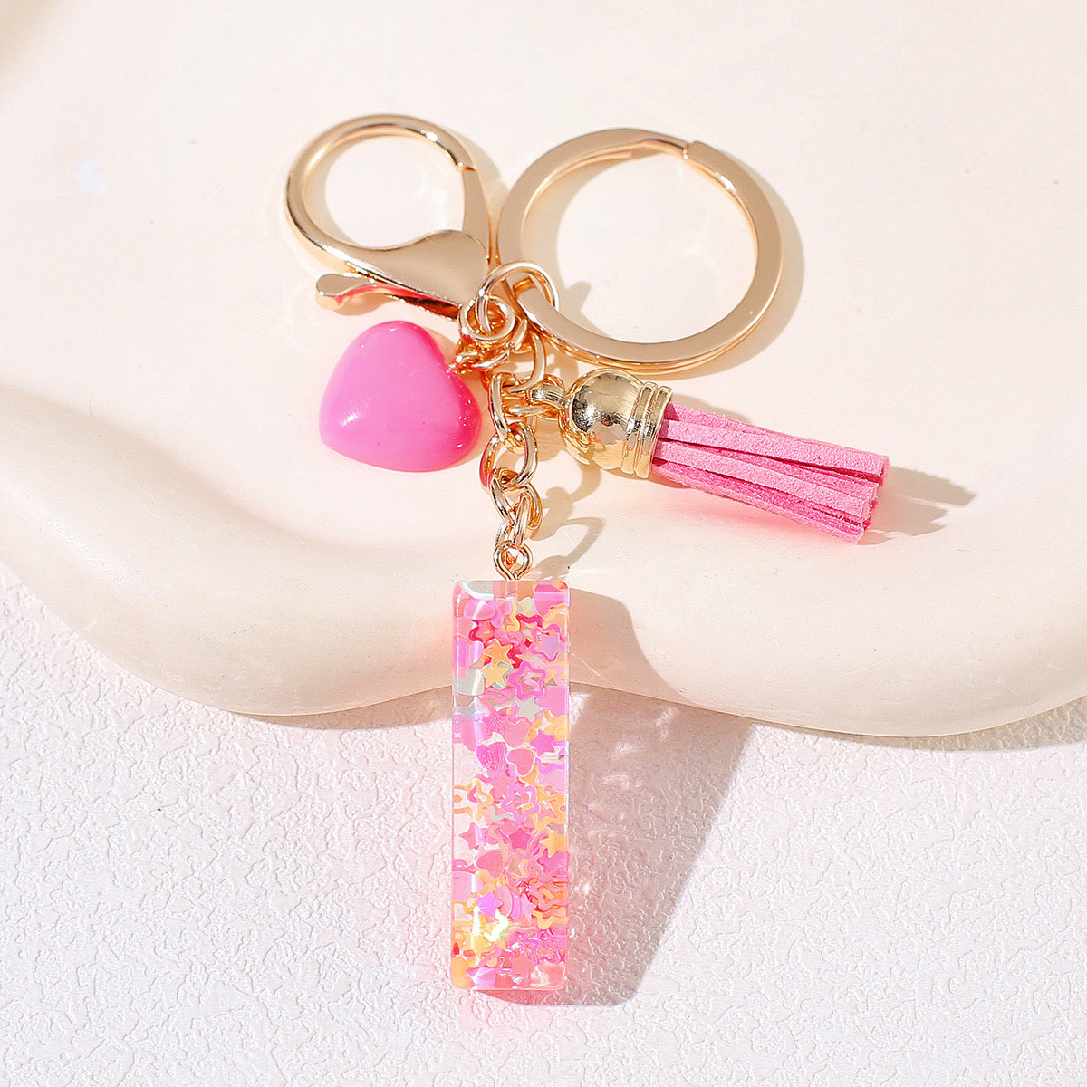 Pink Glitter Resin Initial Keychain – Heart & Tassel Charm