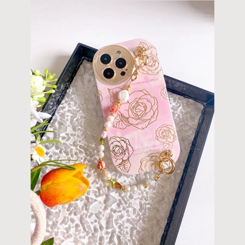 Pink Camellia iPhone Case with Beaded Strap – Elegant & Cute Gift Idea