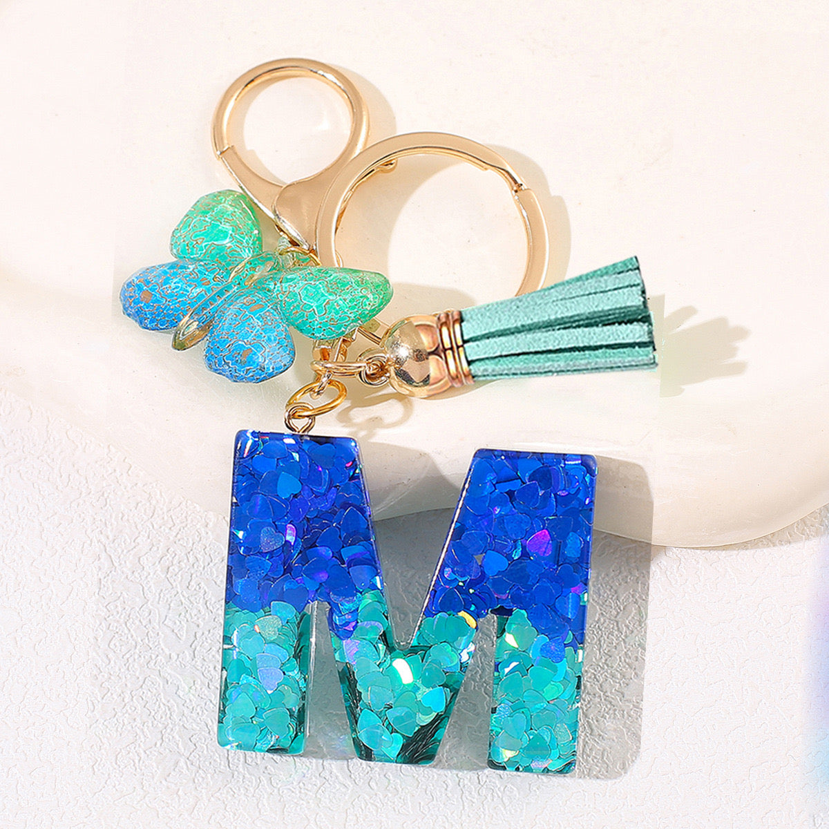 Glitter Resin Letter Keychain – Blue & Green Butterfly Charm