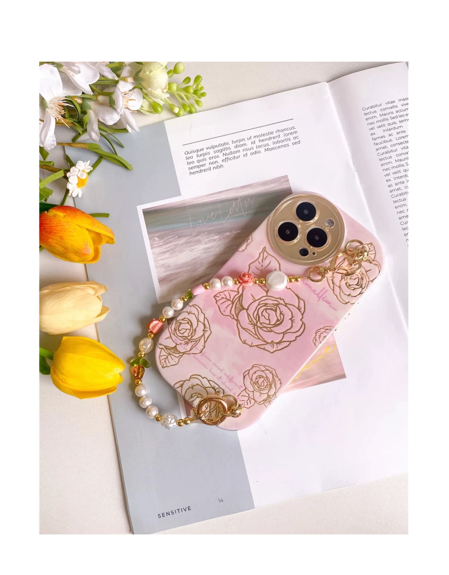 Pink Camellia iPhone Case with Beaded Strap – Elegant & Cute Gift Idea