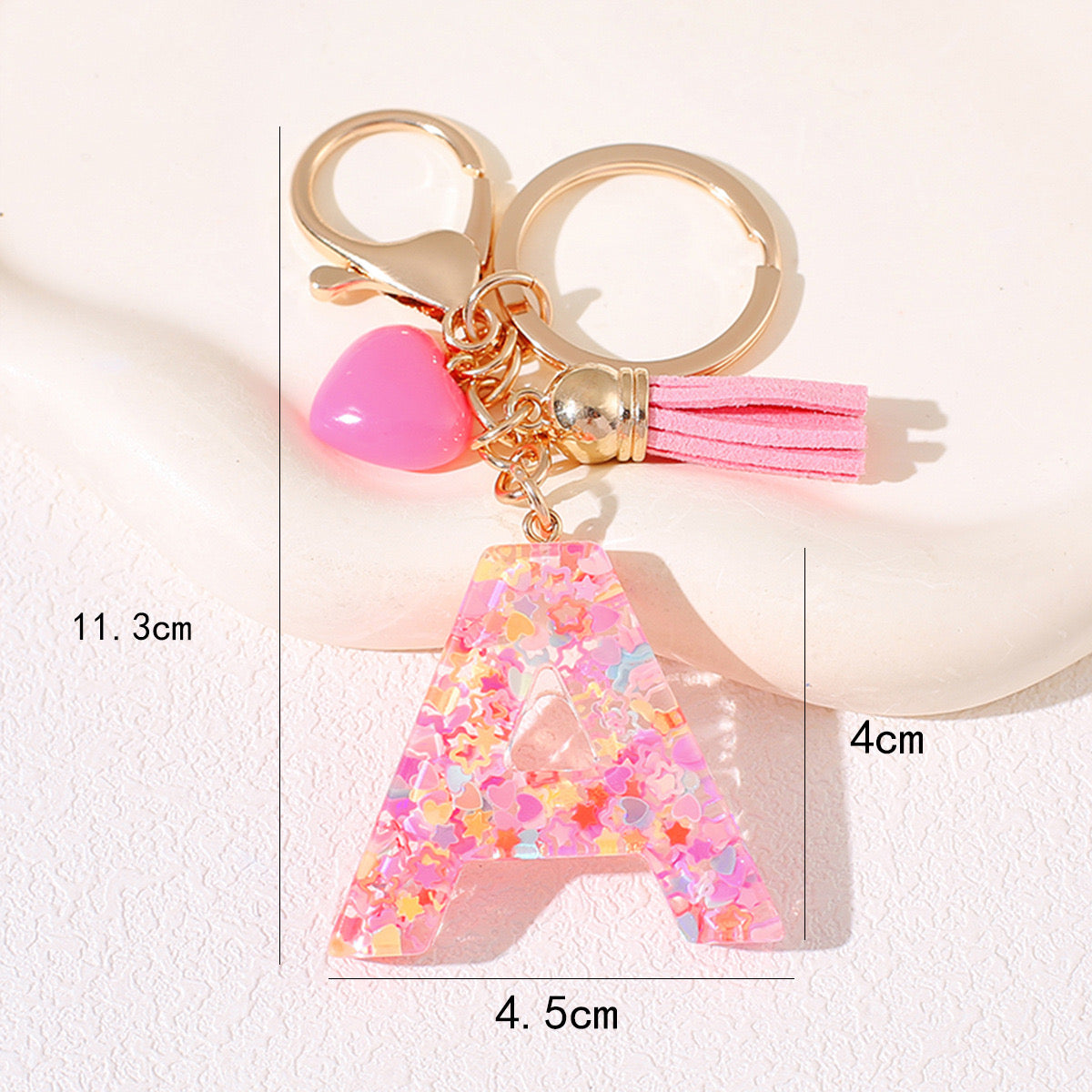 Pink Glitter Resin Initial Keychain – Heart & Tassel Charm