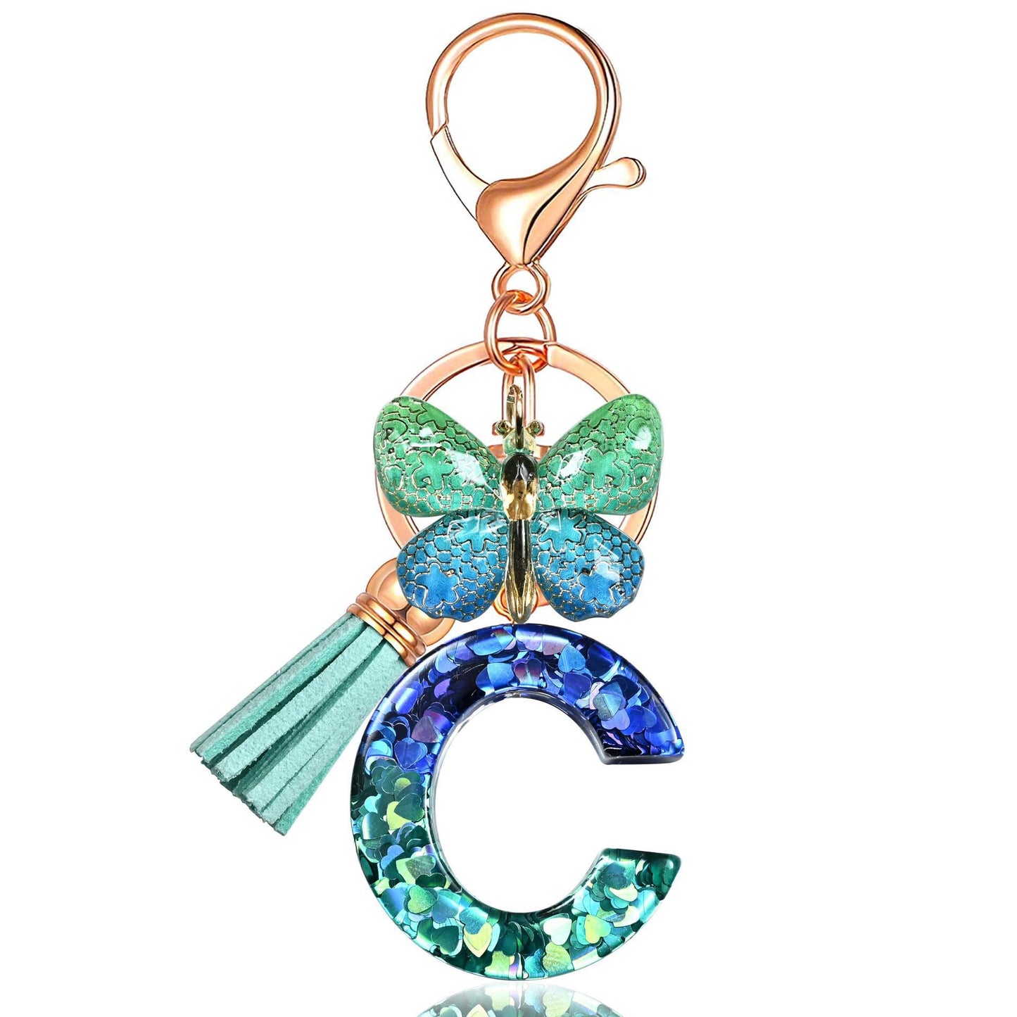 Blue-Green Resin Initial Keychain – Butterfly & Tassel Charm Gift
