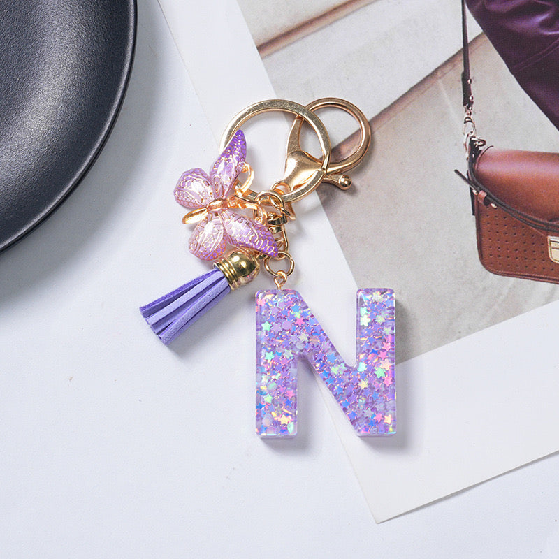 Purple Glitter Resin Initial Keychain – Butterfly & Tassel Charm Gift
