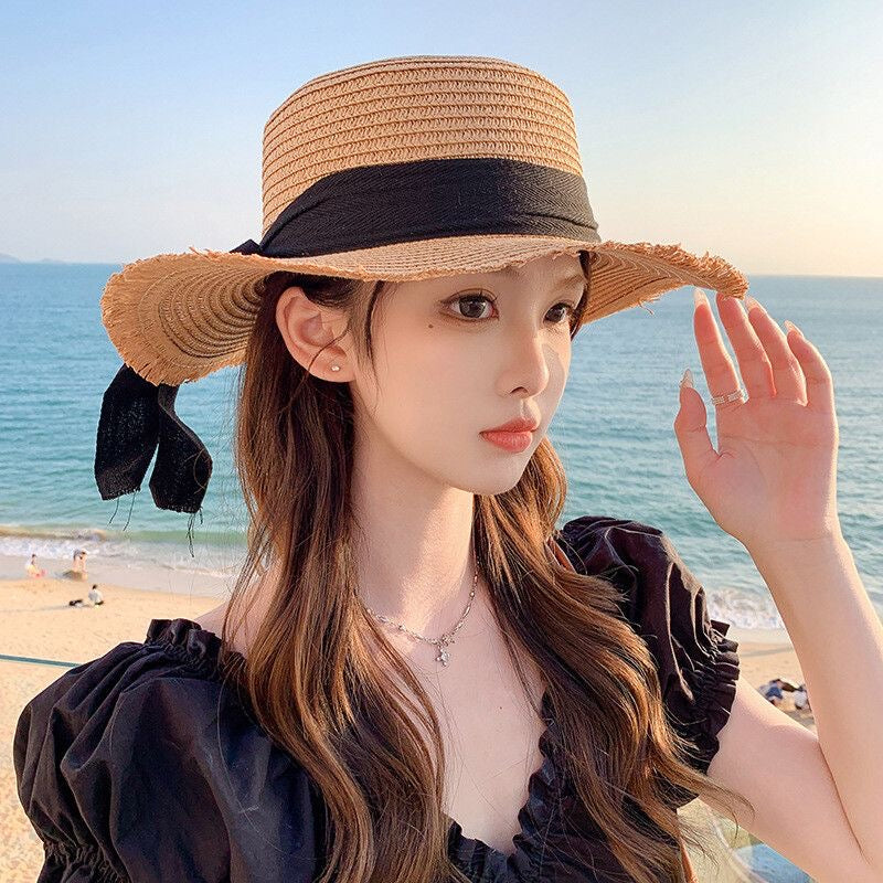 Women’s Straw Sun Hat with Bow – Wide Brim Summer Beach Hat, UV Protection