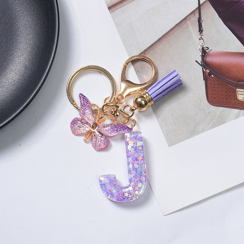 Purple Glitter Resin Initial Keychain – Butterfly & Tassel Charm Gift