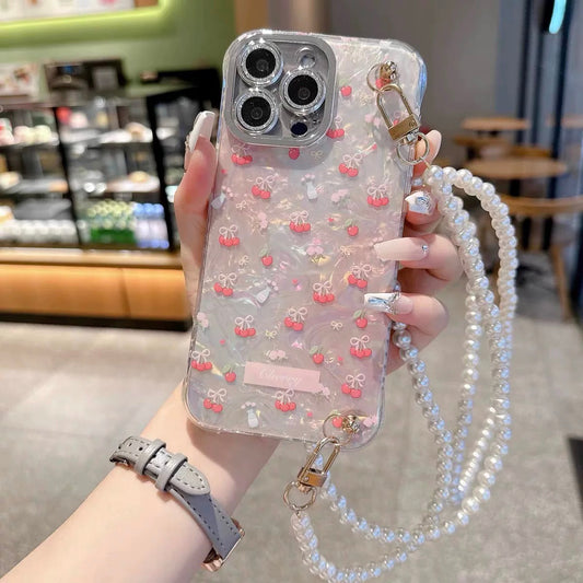 Sweetheart Shell Phone Case with Pearl Crossbody Lanyard
