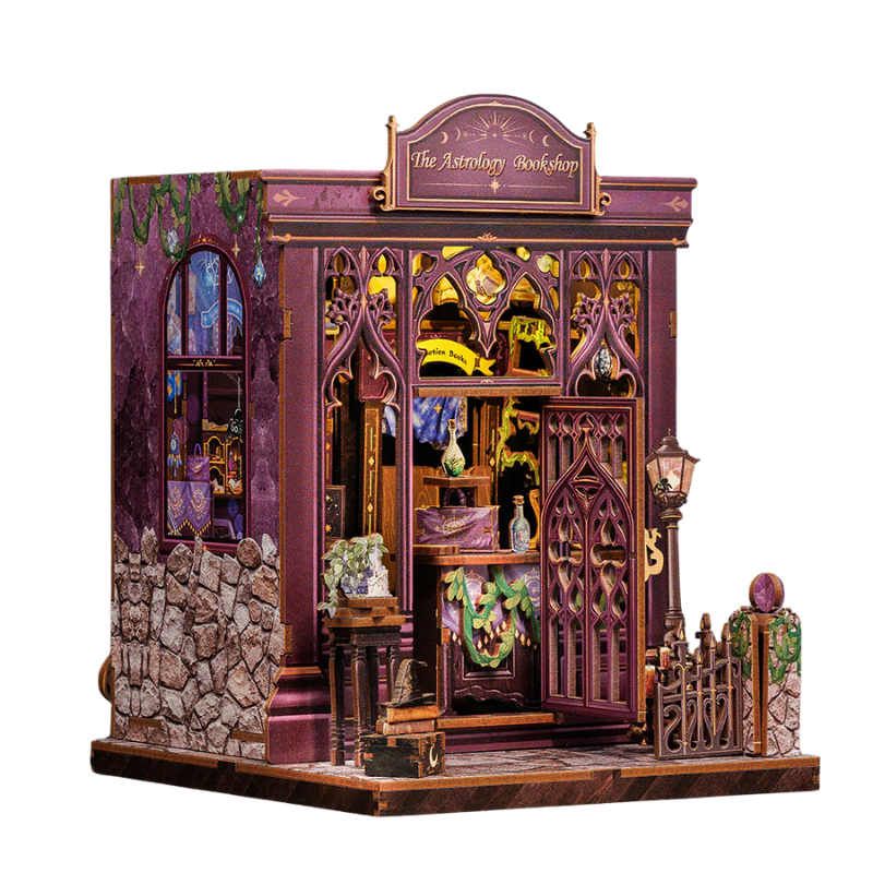 The Astrology Bookshop DIY book nook kit – miniature purple fantasy bookstore with detailed gothic-style facade and magical decor