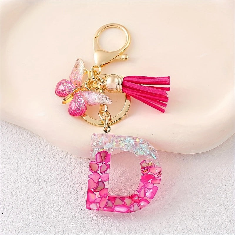 Hot Pink Glitter Resin Initial Keychain – Butterfly & Tassel Bag Charm