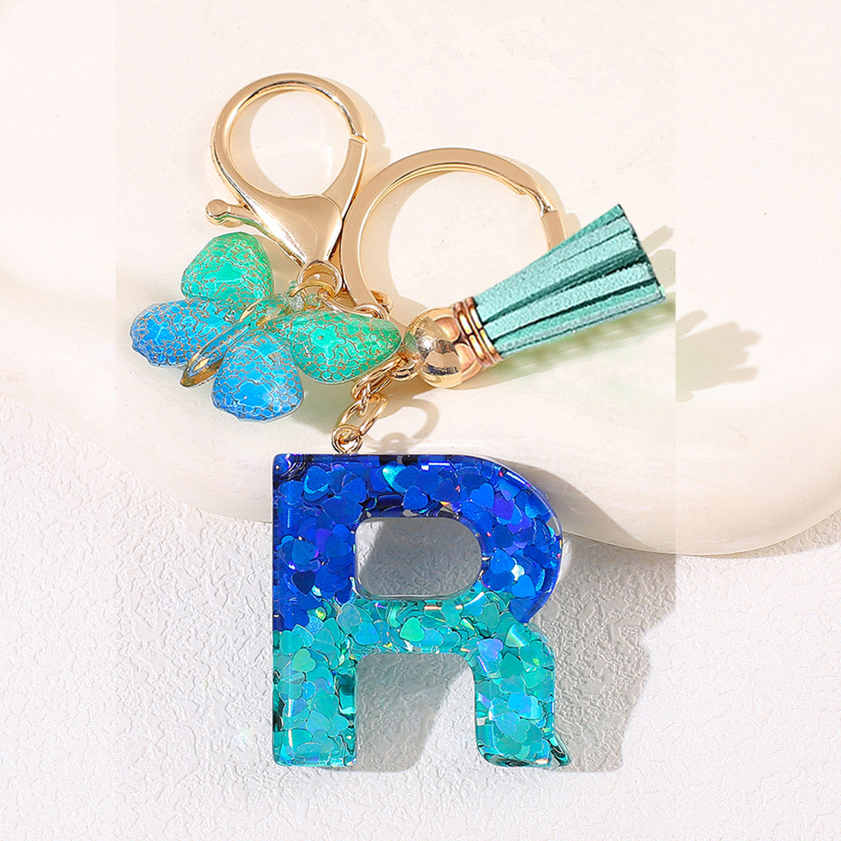 Glitter Resin Letter Keychain – Blue & Green Butterfly Charm