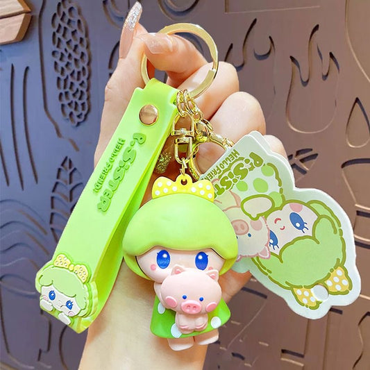Kawaii Pig Girl Hugging Pig Keychain