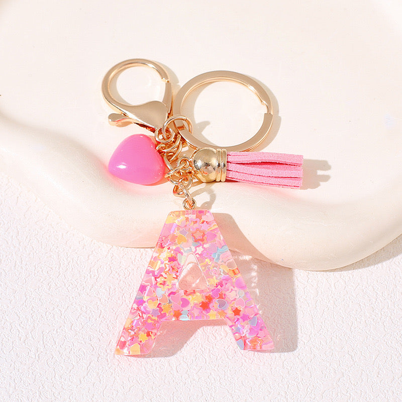 Pink Glitter Resin Initial Keychain – Heart & Tassel Charm