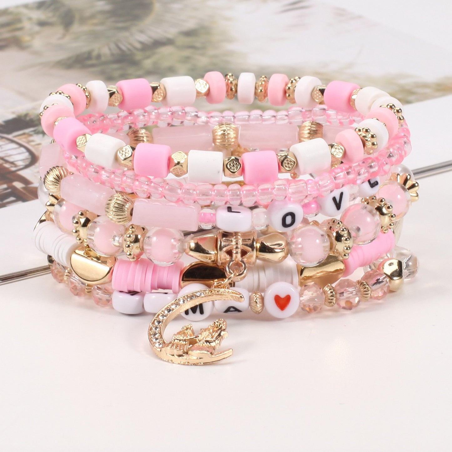 Mother’s Day Bracelet Stack – Pink & Gold Beaded Jewelry for Mom