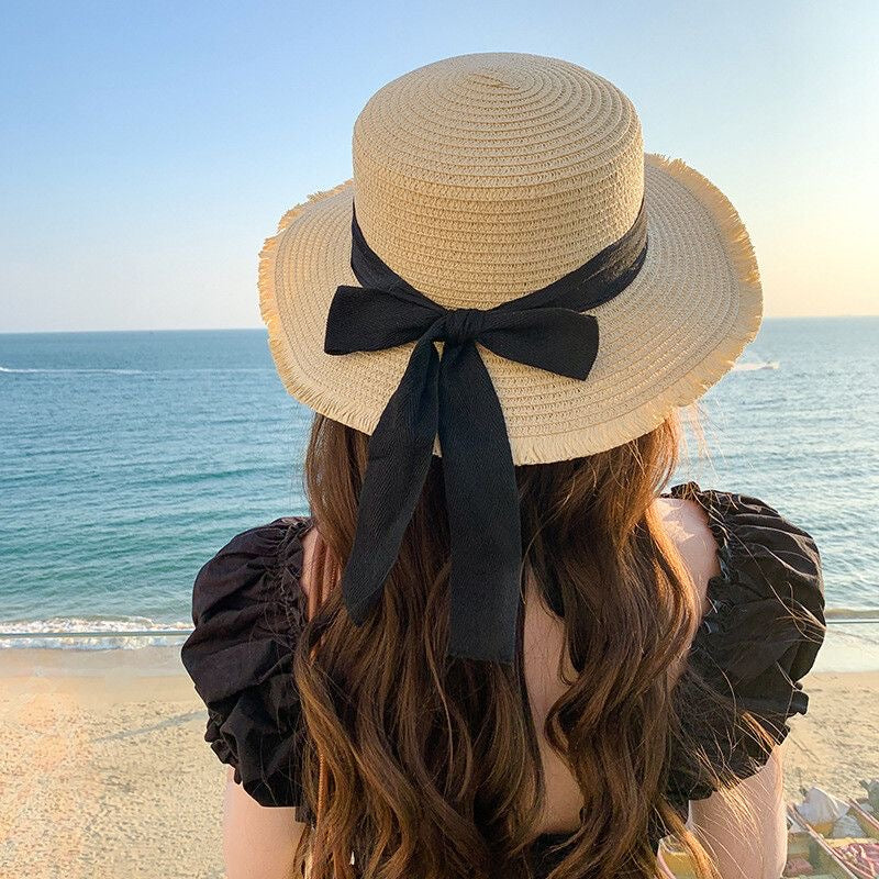 Women’s Straw Sun Hat with Bow – Wide Brim Summer Beach Hat, UV Protection