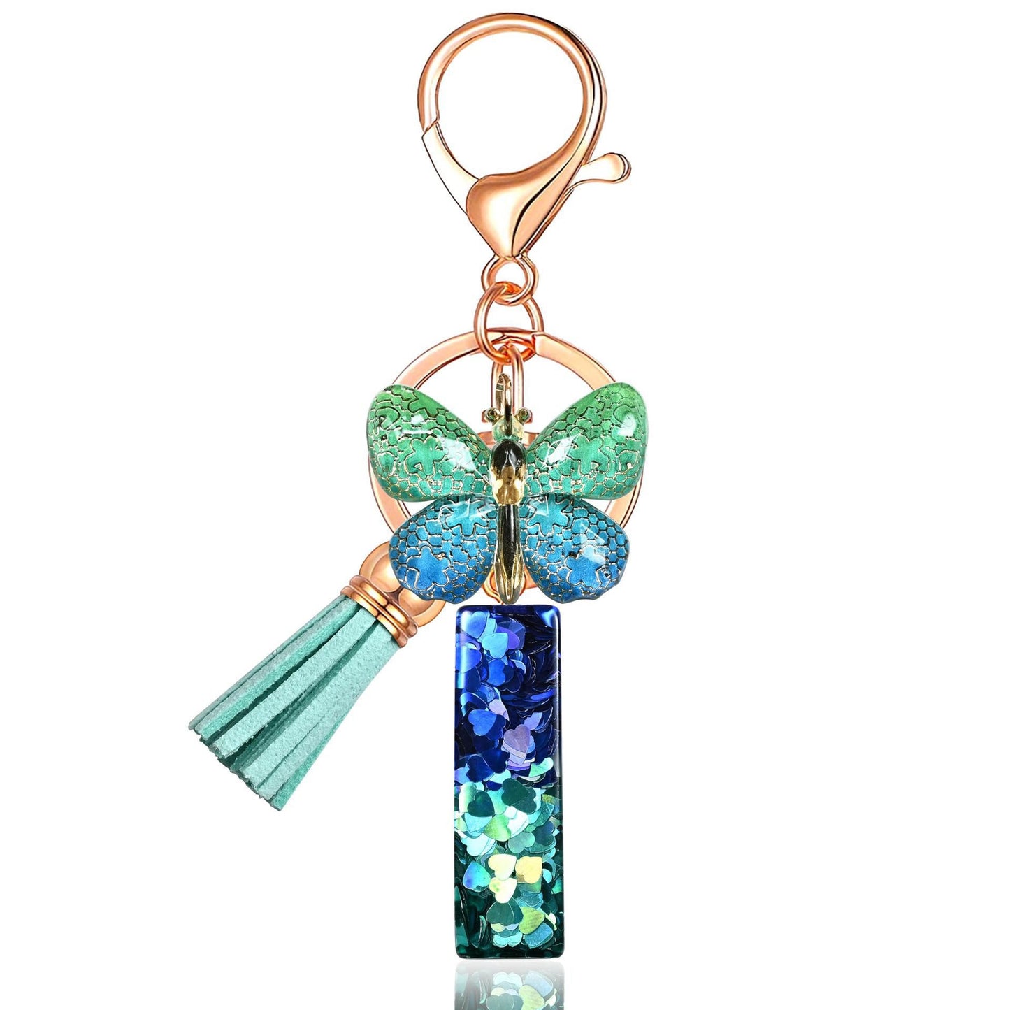 Blue-Green Resin Initial Keychain – Butterfly & Tassel Charm Gift