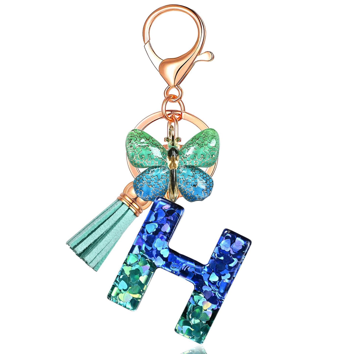 Blue-Green Resin Initial Keychain – Butterfly & Tassel Charm Gift