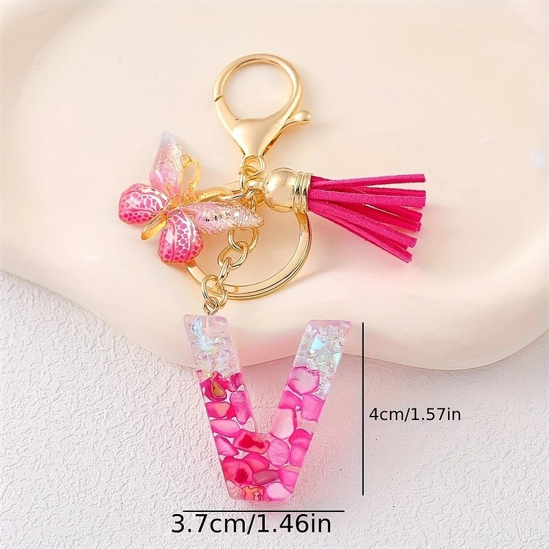 Hot Pink Glitter Resin Initial Keychain – Butterfly & Tassel Bag Charm
