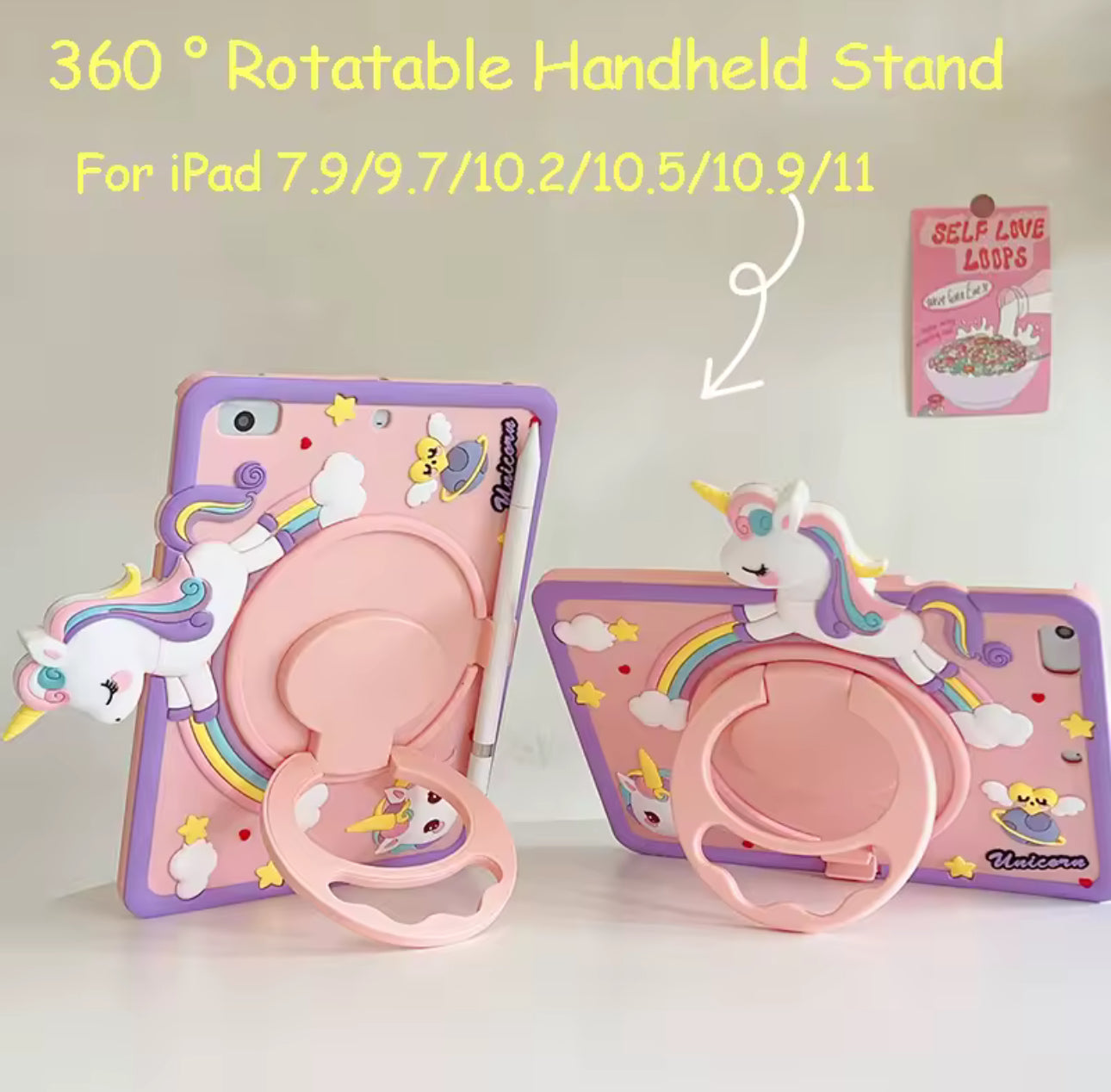Cute Unicorn iPad Case with 360° Rotating Stand – Shockproof & Fun